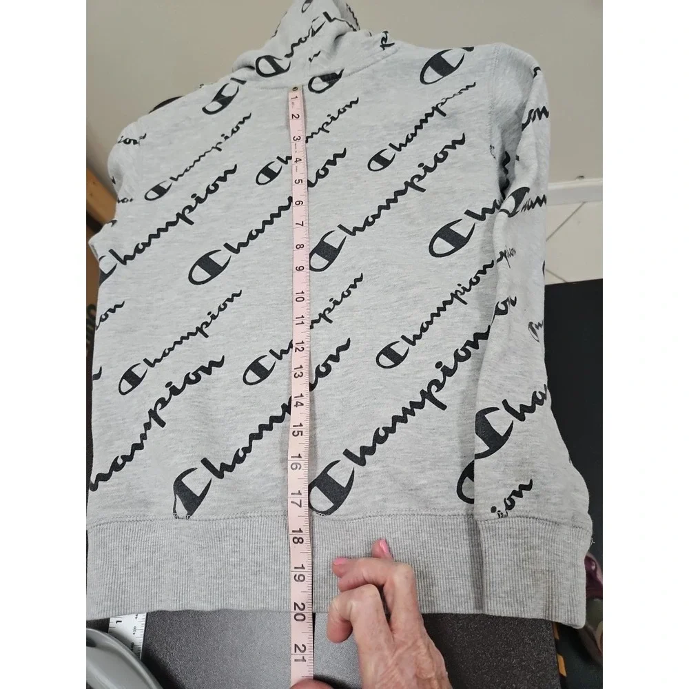 Champion Hoodie Youth Medium Sweatshirt Pullover Gray Black All Over Logo Print